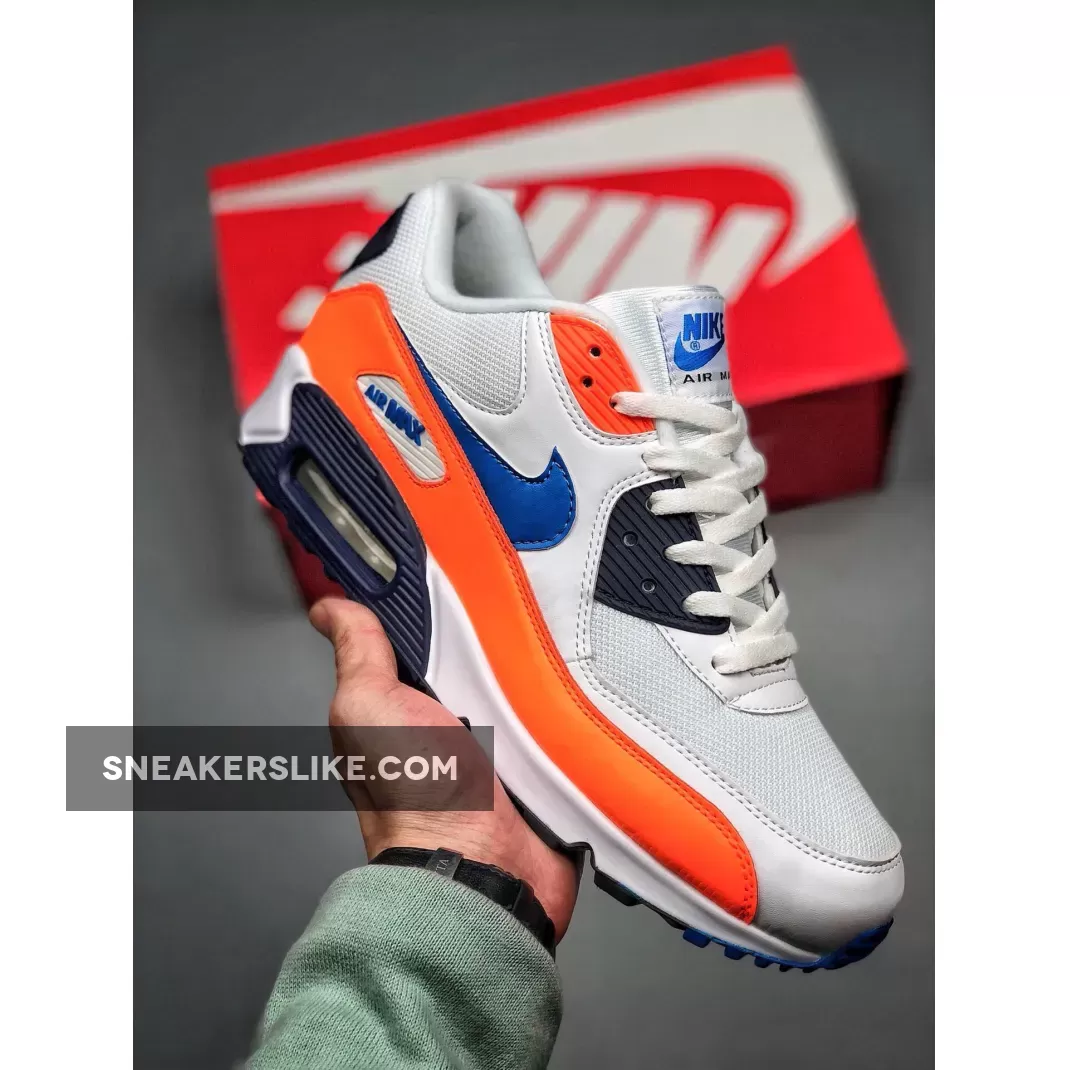 Nike Air Max 90 White/Total Orange/Midnight Navy/Photo Blue - navy and orange sneakers