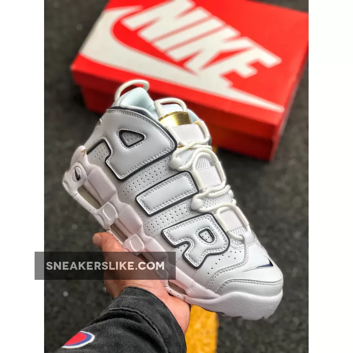 Nike Air More Uptempo Red White/Midnight Navy-Metallic Gold / navy and gold nikes