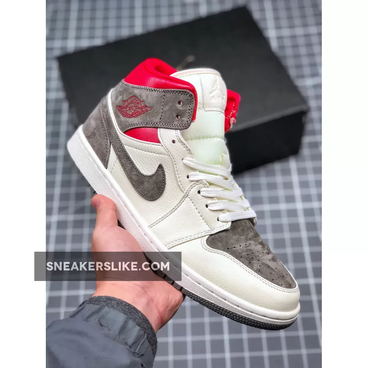 SNS X Air Jordan 1 Mid Sail/Wolf Grey-Gym Red-White CT3443-100 For Sale