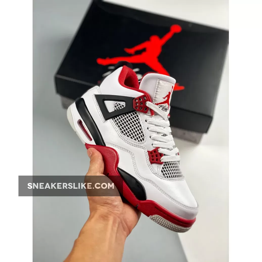 Air Jordan 4 Retro OG 'Fire Red' 2020 Mens White/Fire Red-Black-Tech Grey Basektball DC7770-160 - jordan 4 fire red cement